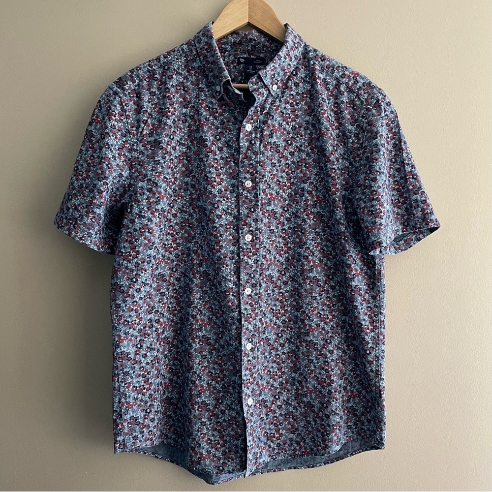 GAP Men's Cool Floral Button Front Shirt Slim Fit Large Blue Red Short Sleeve